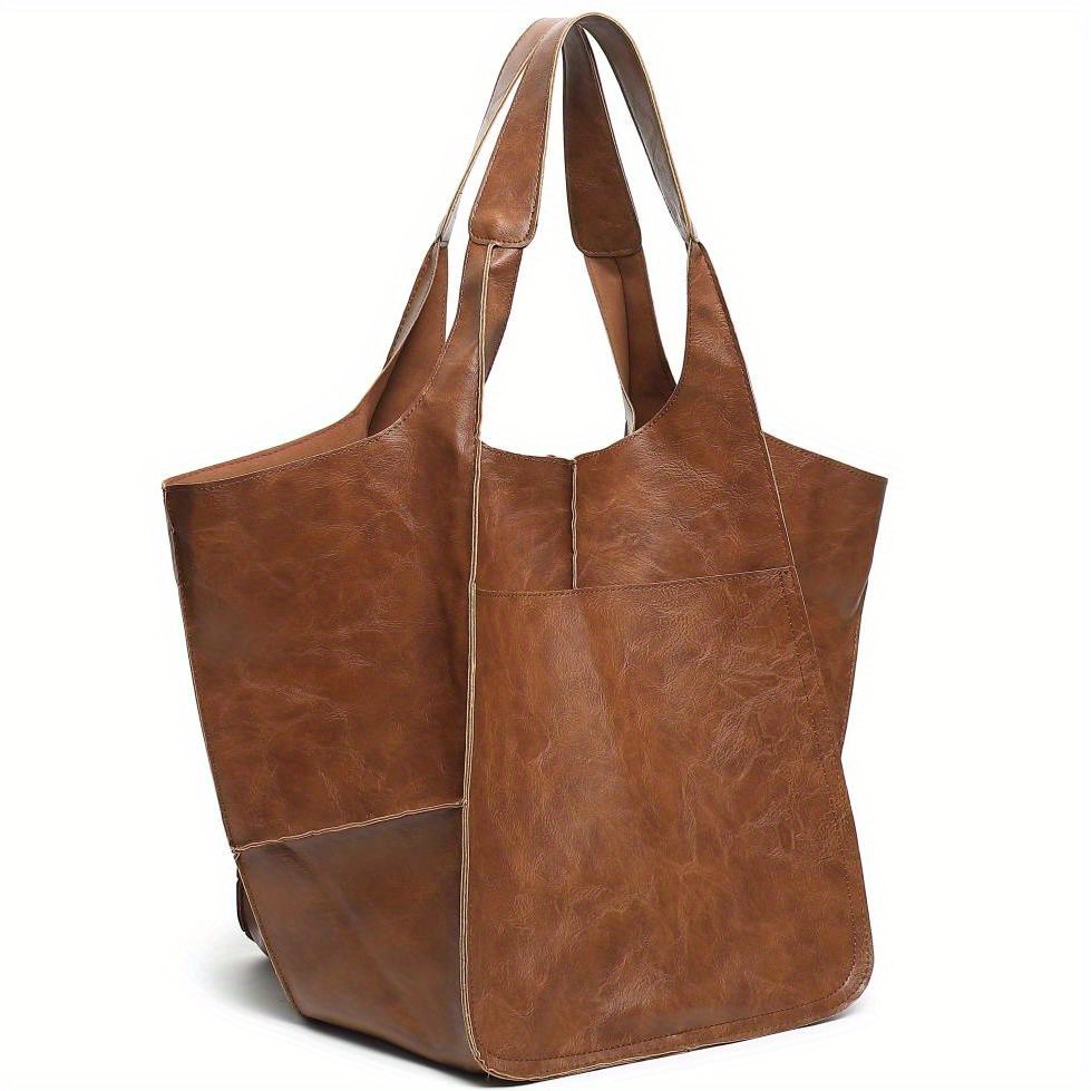 Large Capacity Tote Bag, Retro Style Faux Leather Handbag With Front Pocket  For Work & Travel