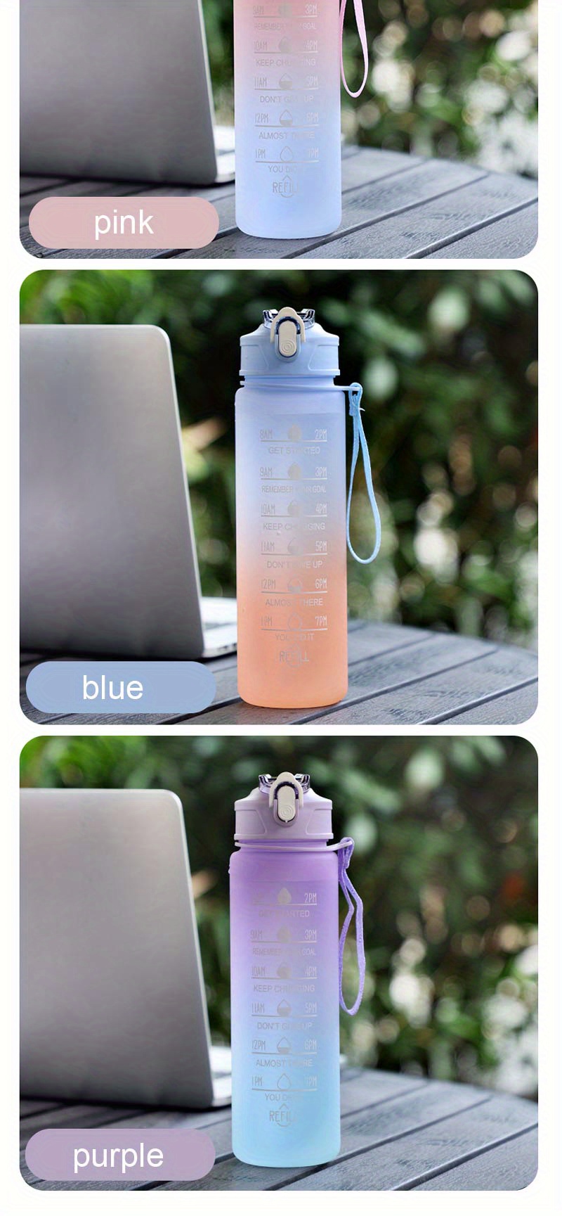 Cute Ombre Color Motivational Water Bottle with Straw, Stickers & Leakproof  Design - Perfect for Office, School, Gym & Workout!