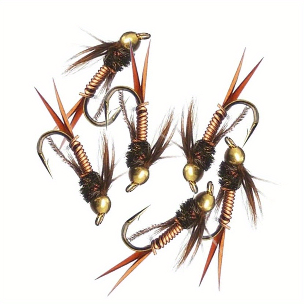 6/12pcs Fast Sinking Nymph Scud Flies - Brass Copper Bead Head Fly Fishing  Lure for Carp, Walleye, Trout, and Bass