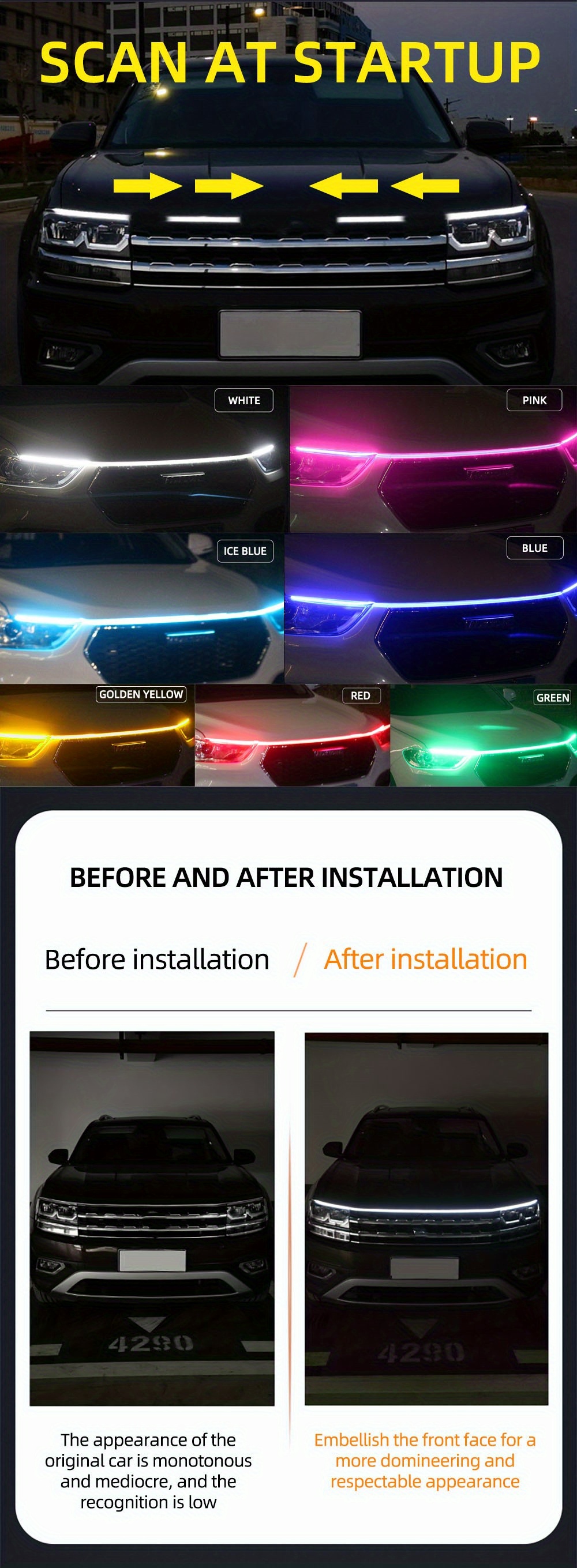 1 5m 1 8m car led hood light universal daytime running light flexible scan light strip 12v car decoration atmosphere light white ice blue waterproof details 2