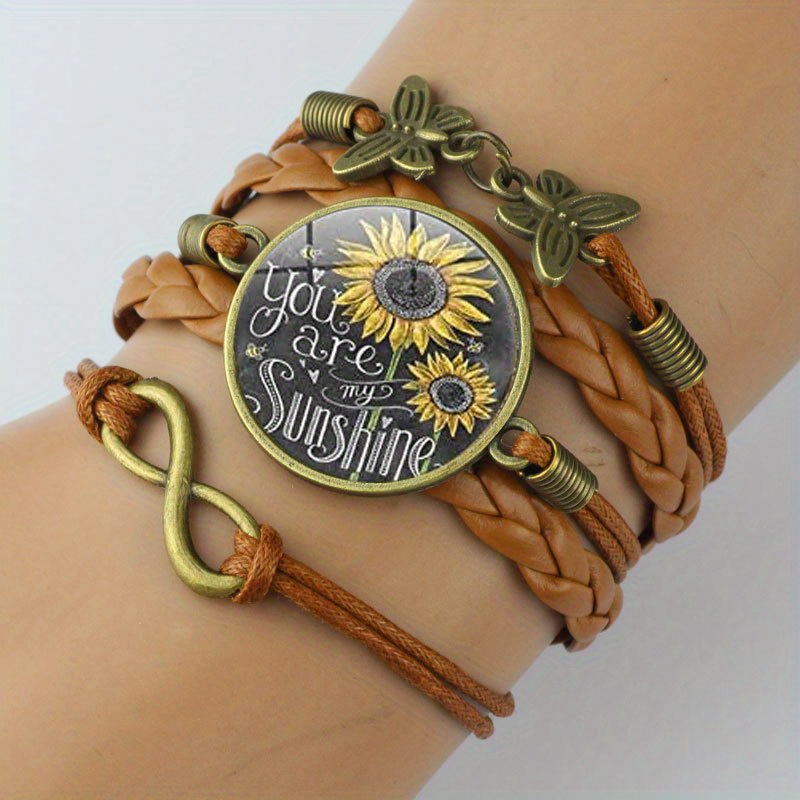Womens Leather Wrap Bracelet/ Sunflower/ Boho Jewelry/ Sunflower