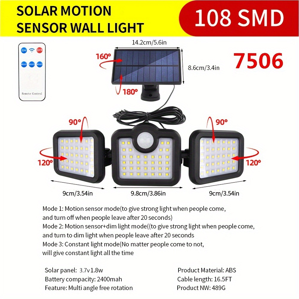 Solar Lights Outdoor, 106 LED 3000LM Solar Powered Motion Sensor Flood  Lights with Remote, Dusk to Dawn Led Solar Security Wall Lights with 16.5Ft
