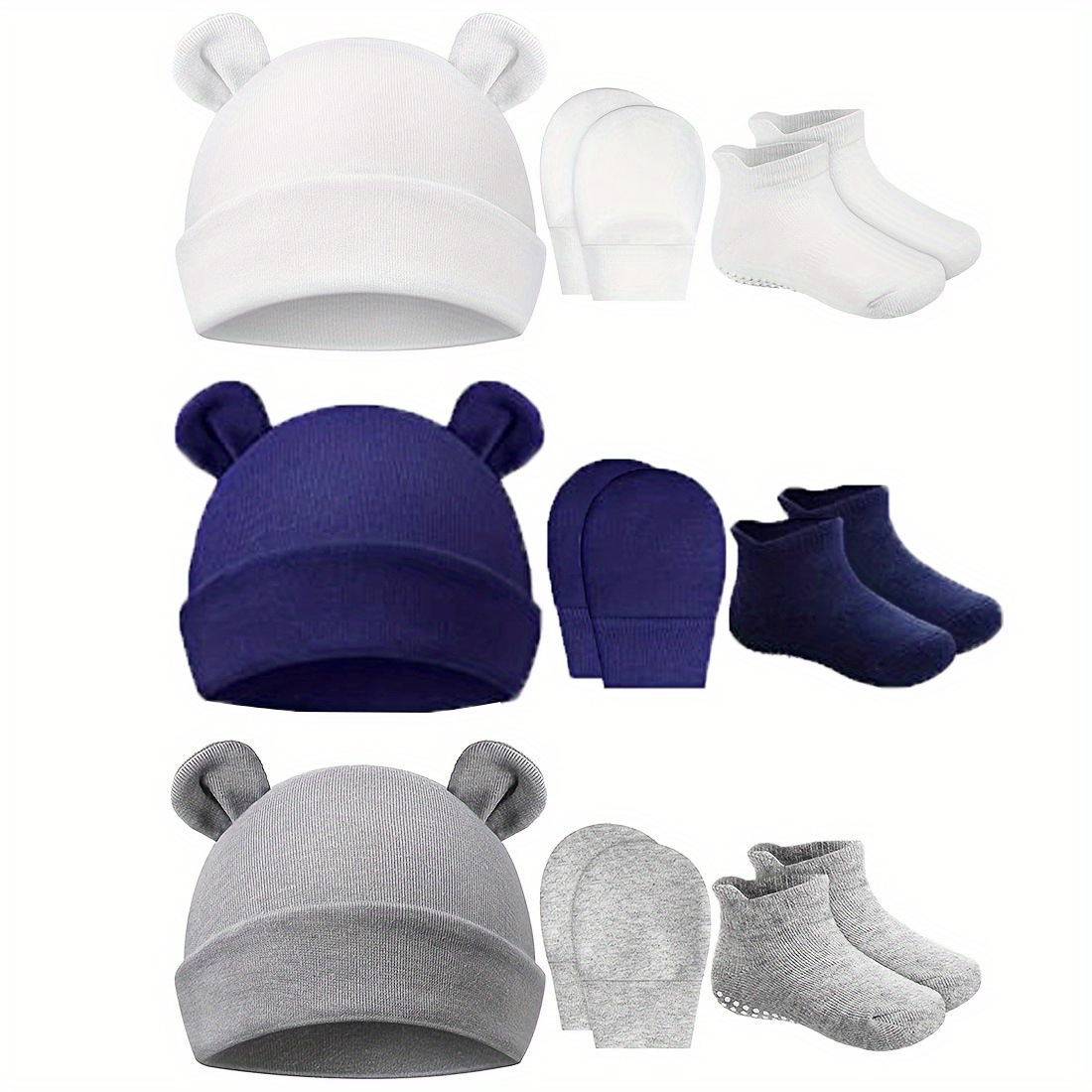 Juego de sombreros para recién nacidos con orejas de bebé, guantes y  calcetines para niños y niñas, gorro de 0 a 6 meses