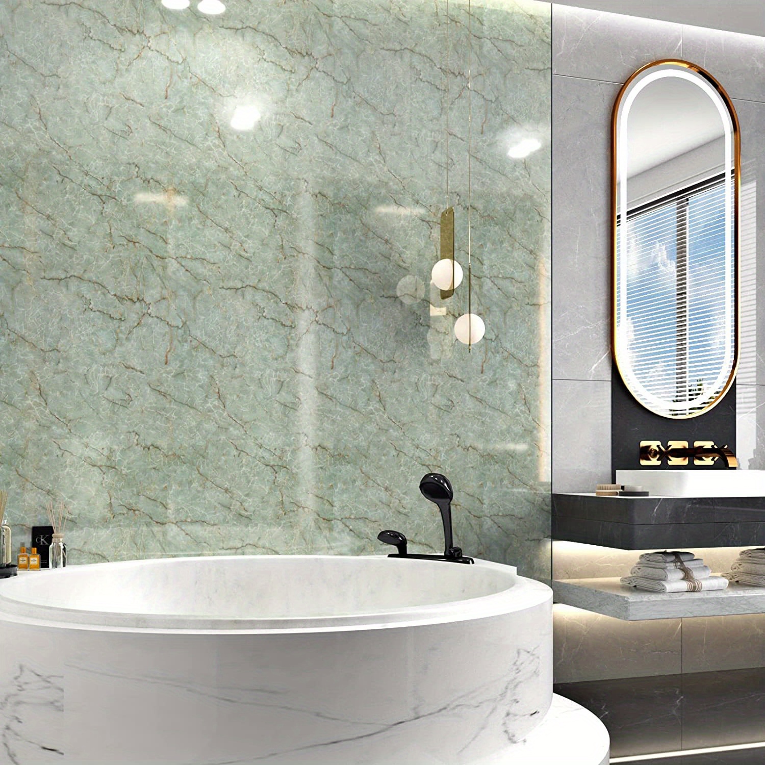 Easy erase Cyan Glossy Marble Wallpaper Perfect Refurbishing Temu