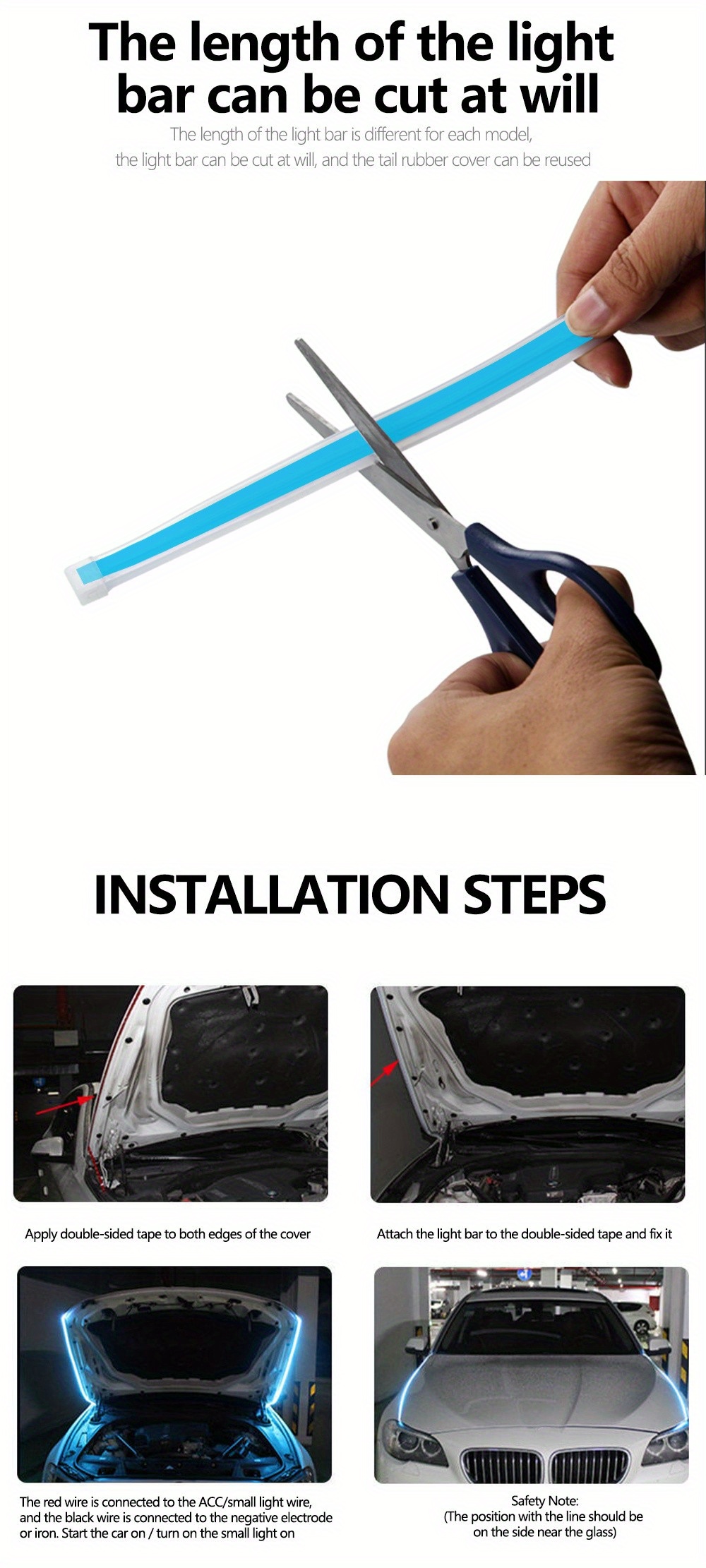 1 5m 1 8m car led hood light universal daytime running light flexible scan light strip 12v car decoration atmosphere light white ice blue waterproof details 6