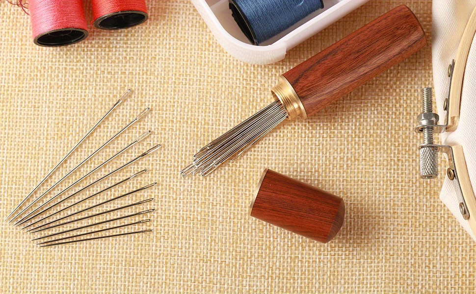 IMZAY Leather Sewing Needles With Wooden Storage Tube Stainless Steel Stitching  Needle Different Size Big Eye