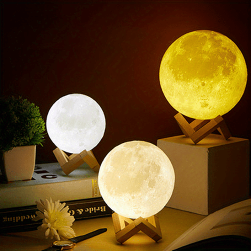 1pc led 3d printing moon lamp battery operated moon shaped night light with wooden stand decorative ambient table light for kids friends lover birthday christmas gifts details 5