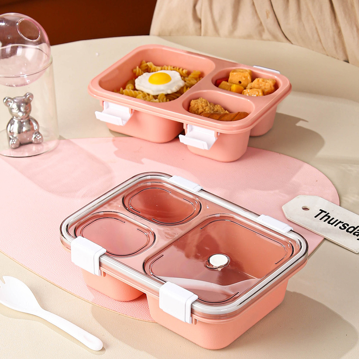 1pc Pink Three Grid Lunch Box