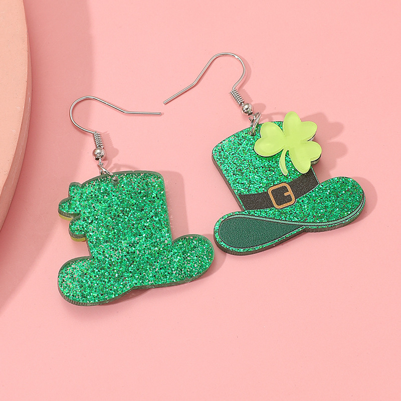 St. Patrick's Day Clover Green Hat Earrings Festival Acrylic Earrings,free returns&free ship,$1.99,Acrylic,Green,Temu