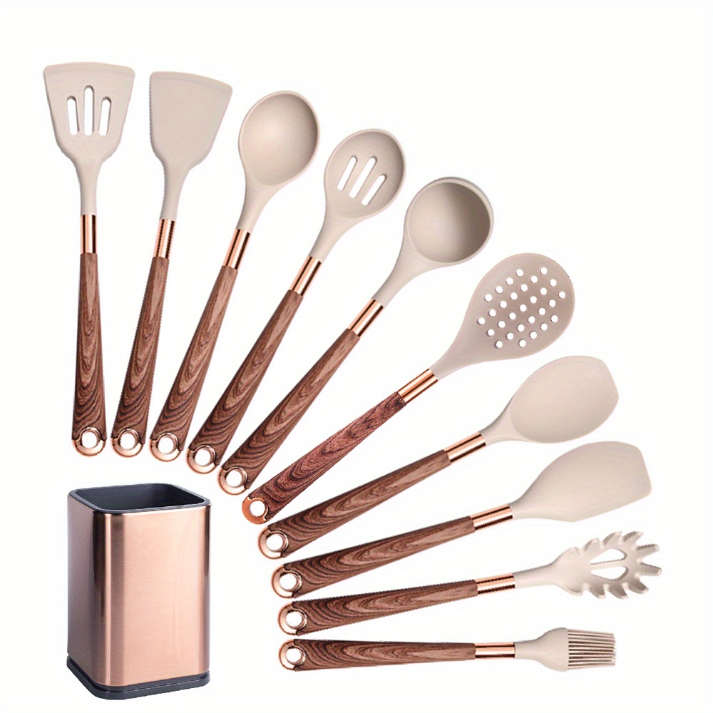 7 Piece Gold Kitchen Utensil Set with Utensil Stand, Soup Ladle