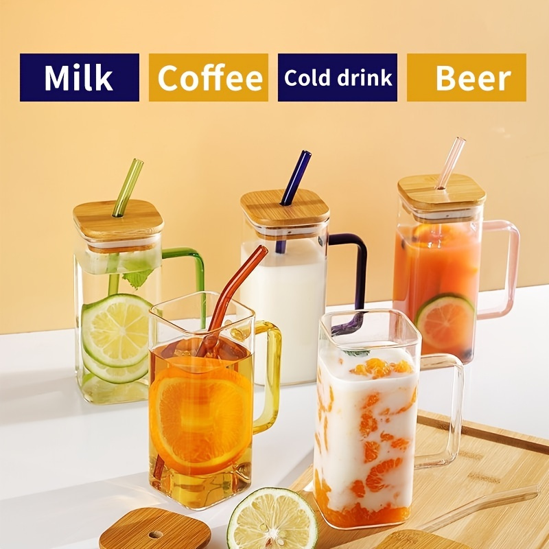 

1pc,13.5oz Small Cute Glass Cups With Lids And Straws, Drinking Glasses Bamboo Lids And Glass Straws, Glass Mug With Colored Handle For Soda, Iced Coffee, Milk, Bubble Tea, Water, Juice Water Bottles