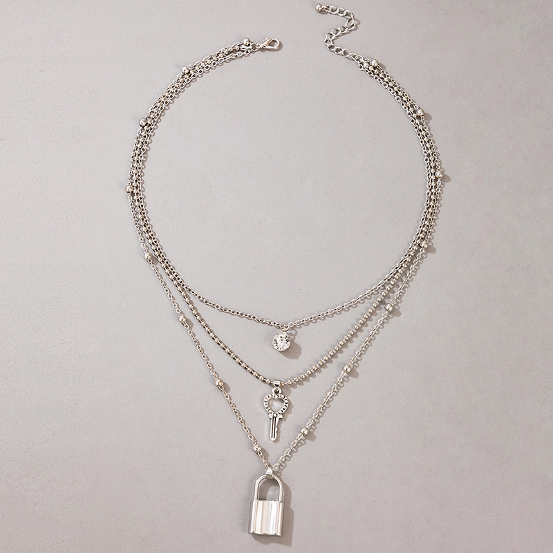 Lock Key Three Layer Necklace Multi Layer Neck Chain - Jewelry