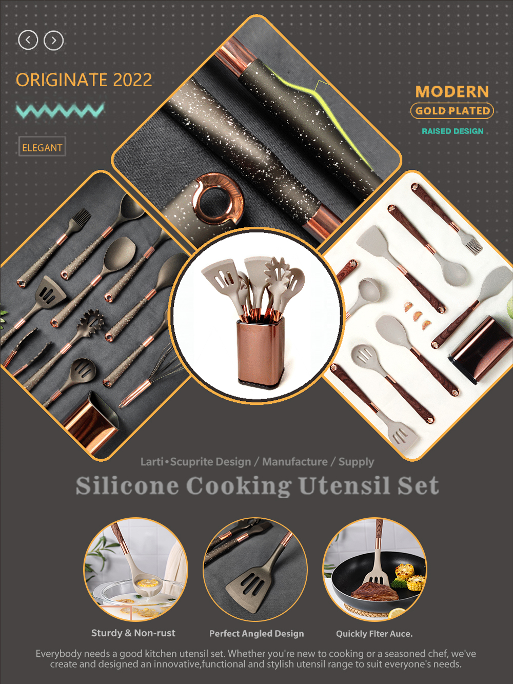 COOK WITH COLOR Juego de cinco mini utensilios de cocina de silicona Aqua y  Oro Rosa