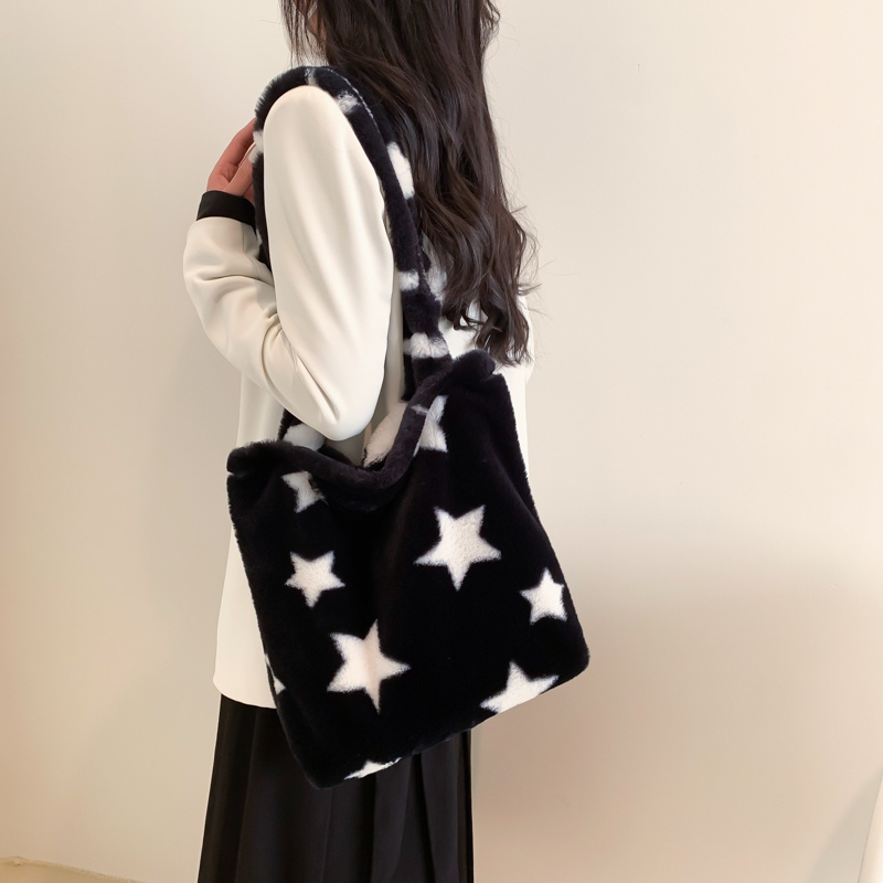 Star Pattern Plush Tote Bag, Trendy Faux Fur Shoulder Bag, Women's