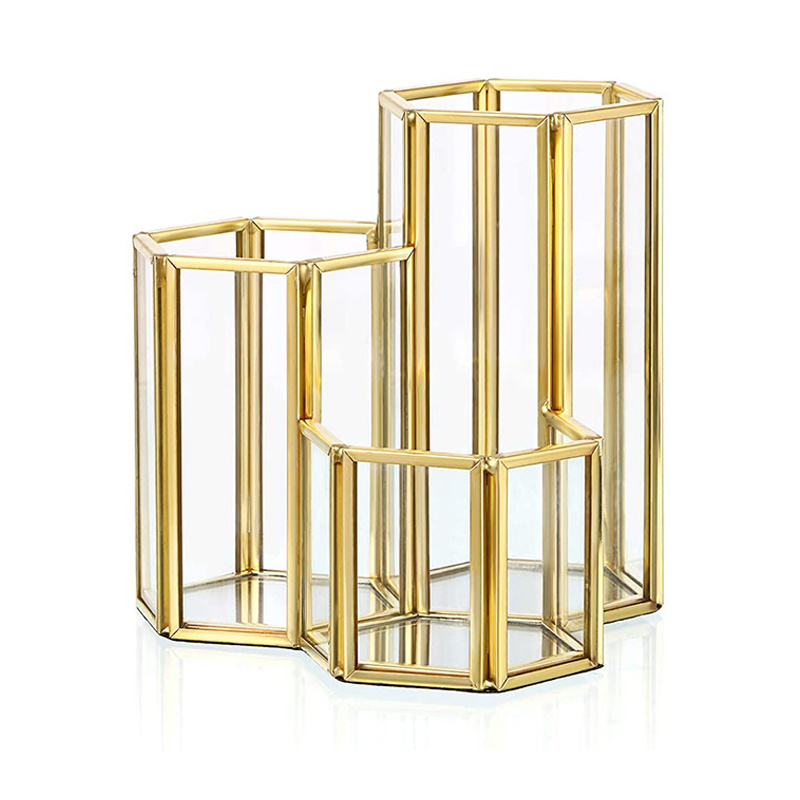 3 Slots Glass Makeup Brush Holder - Golden Hexagon Cosmetics Brush Eyeliners Display Cup Home Decorative Makeup Organizer Desktop Pen/pencil Pot Holder For Office