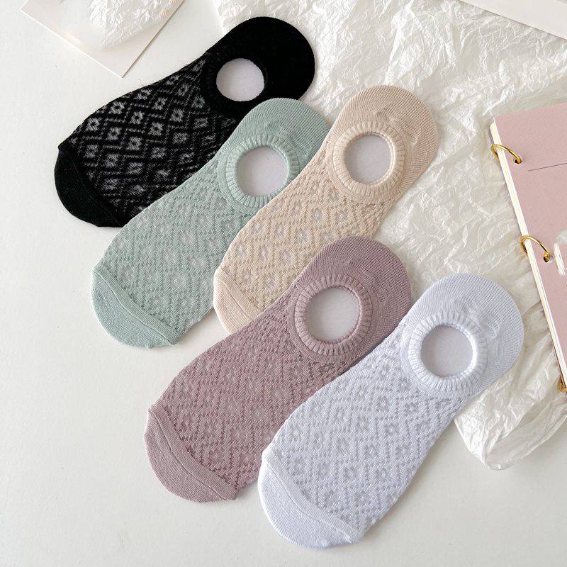 5-pair Summer Thin Women's Invisible Socks, Diamond Mesh Non-slip Boat Socks