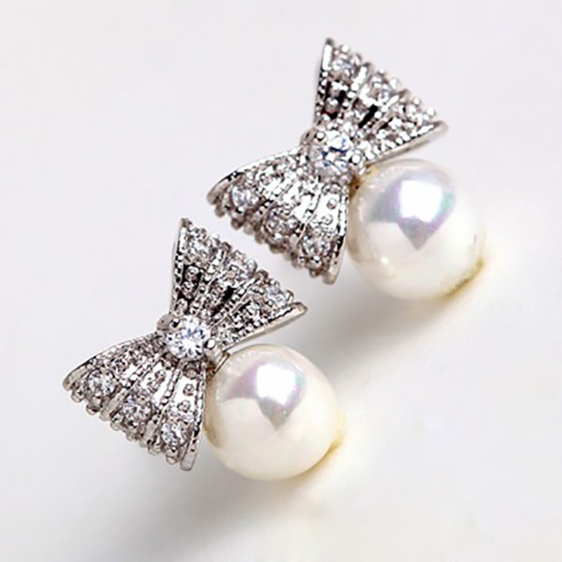 Cute Bow Shape Stud Earrings With Faux Pearls For Women Bridal Proposal ...