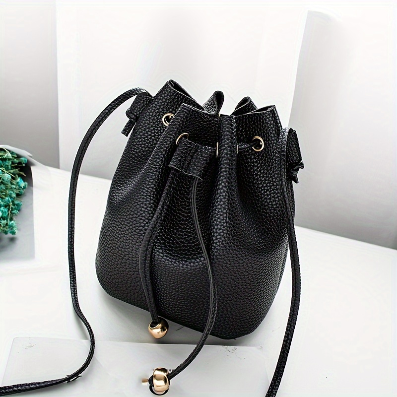 Litchi Pattern Mini Shoulder Bag With Chain Strap And Drawstring