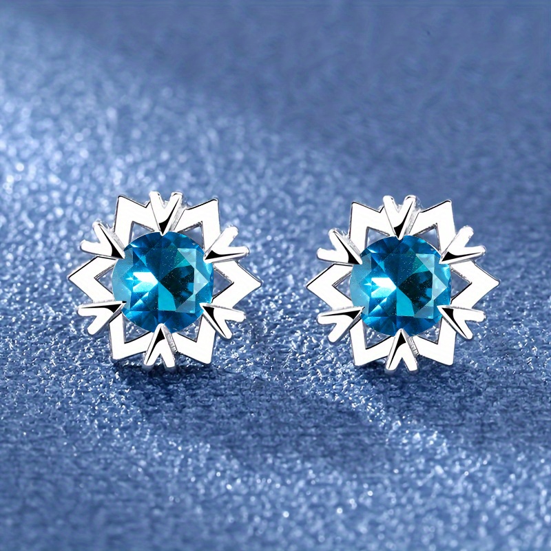 925 2024 Silver Inlaid Snowflake Zircon Blue Earrings