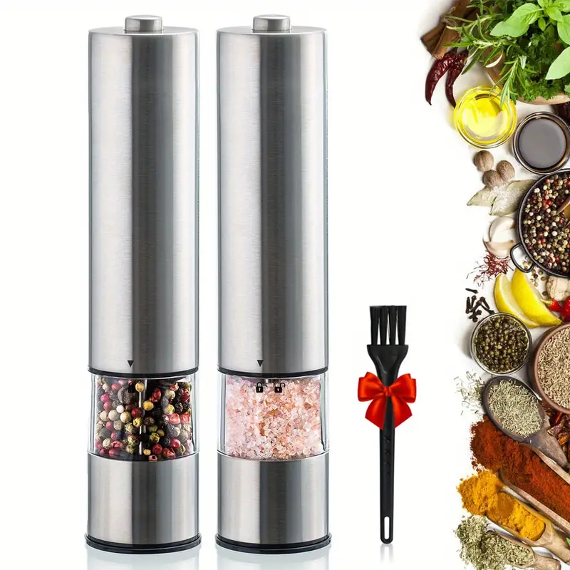 Electric Salt And Pepper Grinder Set - Battery Operated Stainless Steel  Mill With Light - Automatic One Handed Operation - Electronic Adjustable  Shake