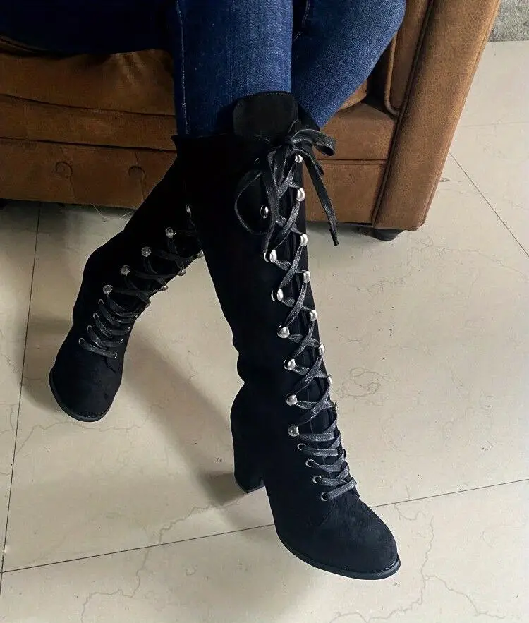 Women's Heeled Knee High Boots Solid Color Lace Up - Temu