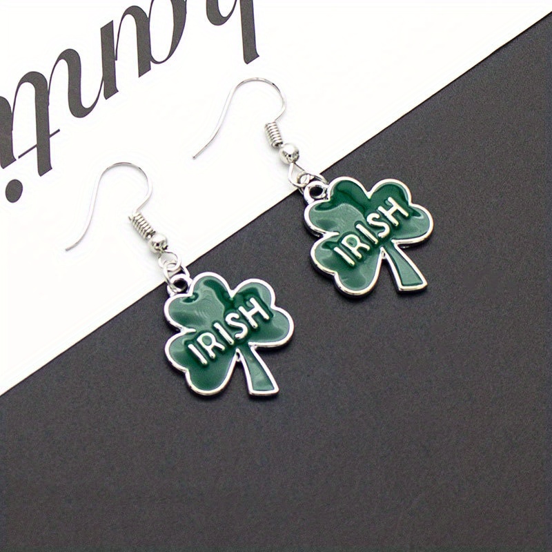 St. Patrick's Day Jewelry, Jewels Clover Hat Irish Letter Design Green Enamel Dangle Earrings Retro Ethnic Style Alloy Jewelry Daily Casual, Alloy