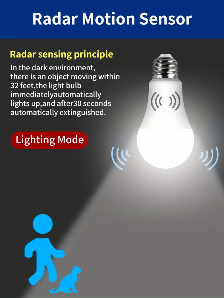 1pc ampoule détecteur de mouvement extérieur intérieur, 12W (équivalent  100W) lumière du jour 6000K 1200LM E26 A21 radar activé par le mouvement  lumiè
