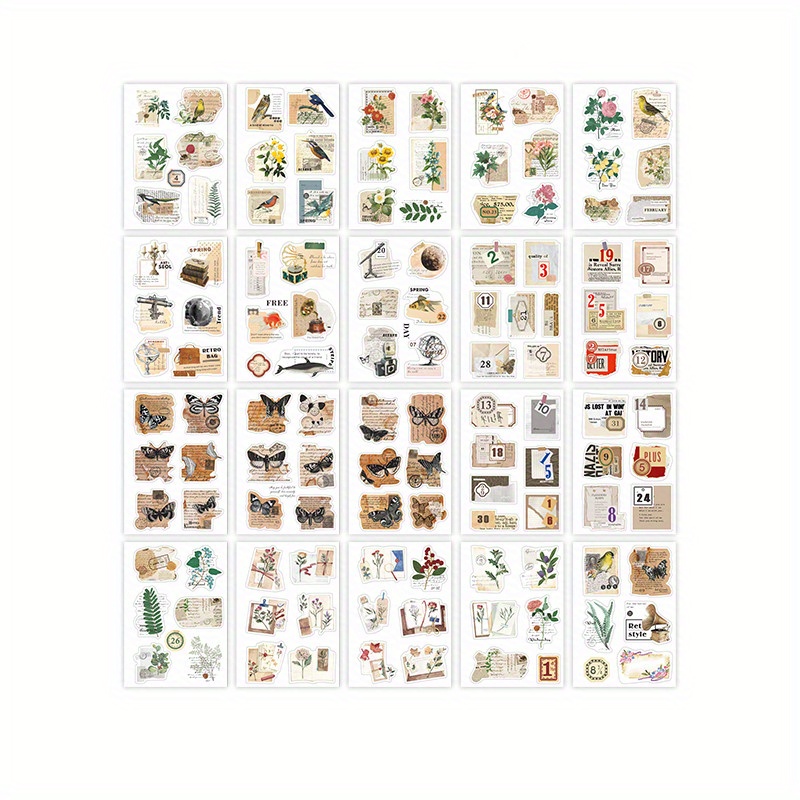 20 Sheets Vintage Aesthetic Stickers Book for Journaling - Transparent Pet Retro Flowers Floral Butterflies Mushrooms Decorative Stickers Decal Set