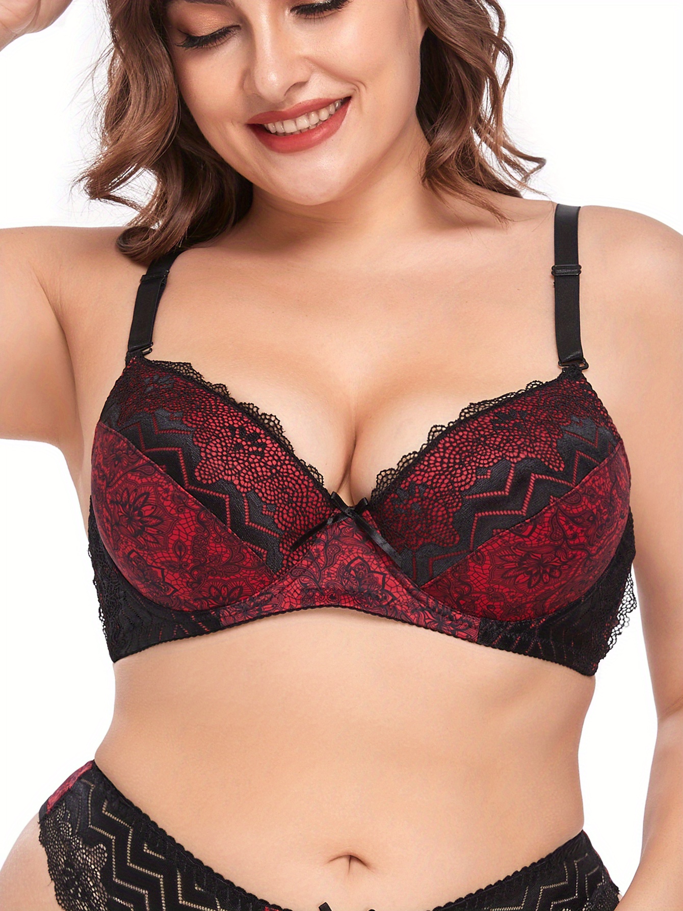 Plus Size Sexy Bra Women S Plus Contrast Lace Jacquard Slight Stretch Hook And Eye Bra Temu