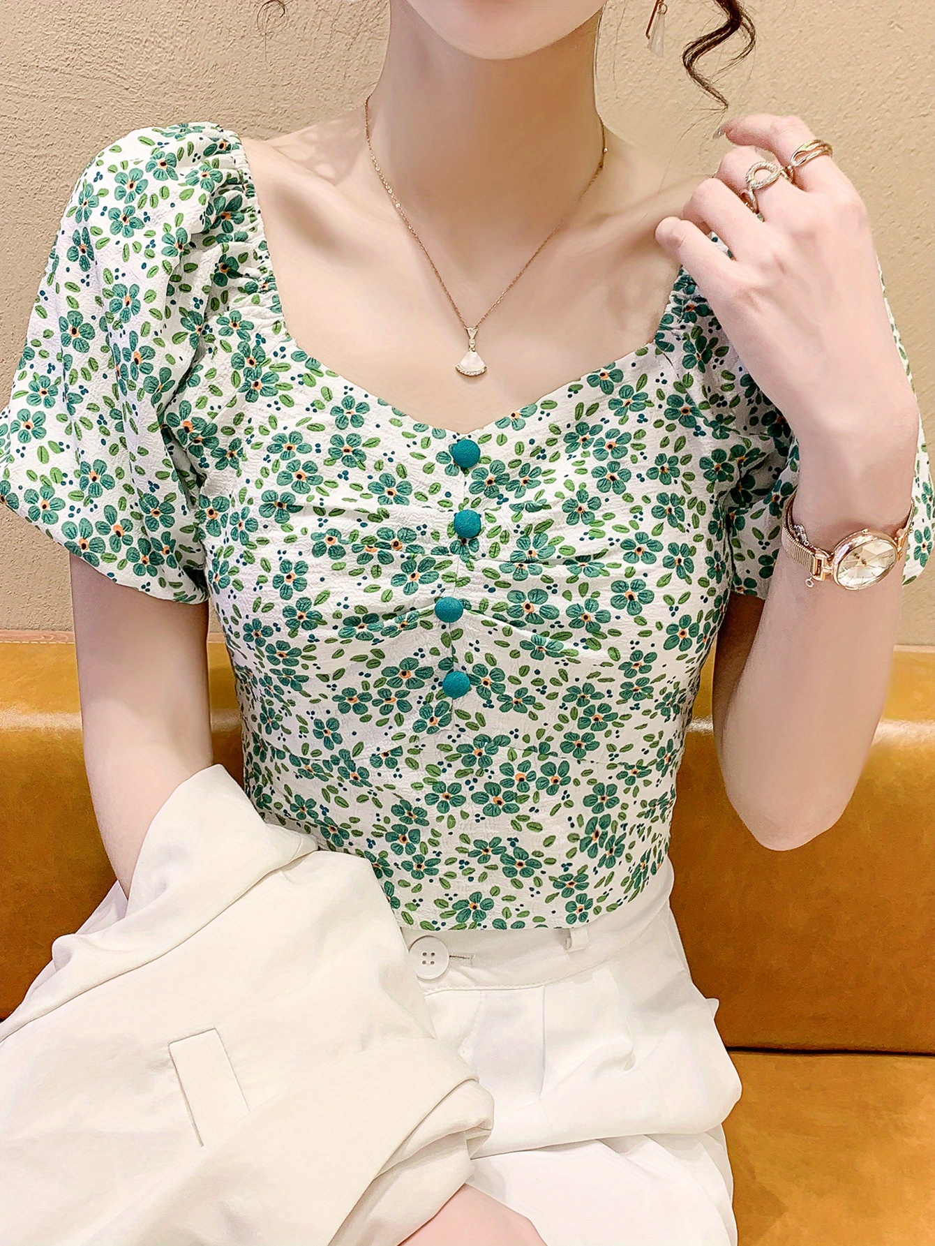 Floral Print Back Tie Button Blouse Cute Short Sleeve Crop - Temu