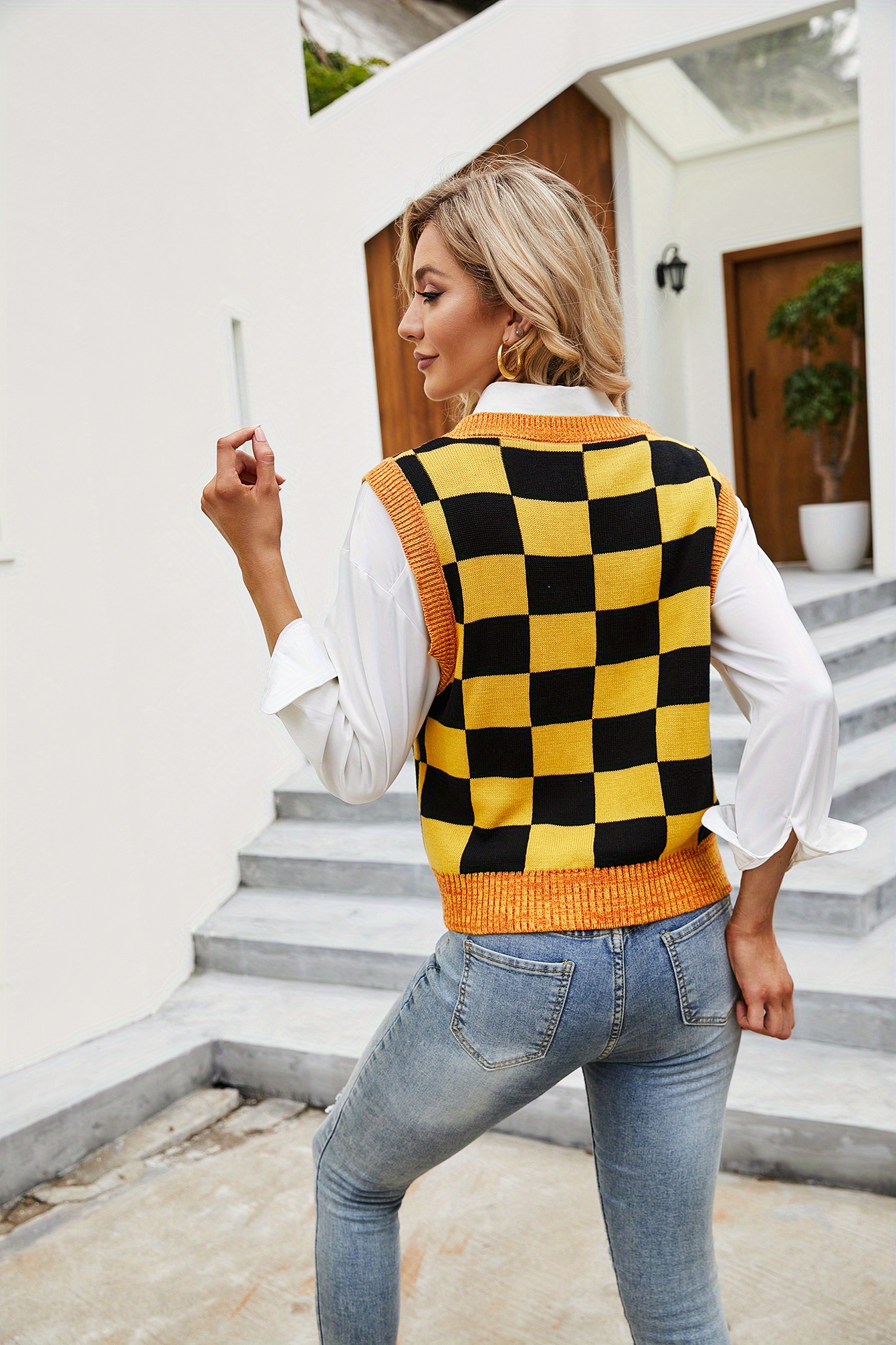 Checkerboard V-neck Knit Sweater Vests, Vintage Gingham Color Block  Sleeveless Fall Winter Knit Sweater Vest, Women's Clothing - Temu