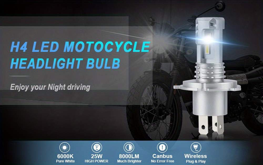 H4 LED Headlight Bulb Motorcycle, 9003 HB2 LED Light 6000K White for High  and Low Hi/Lo Beam 1860 CSP LED Chips