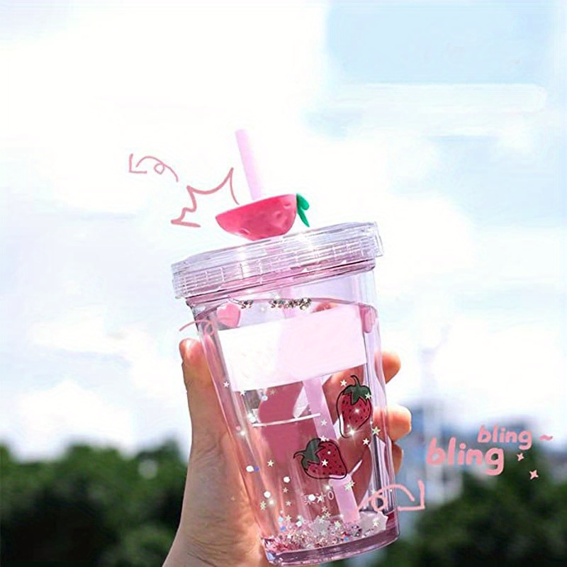 Delicate Glass Water Bottles Straw Cups with Stickers Cute Glass