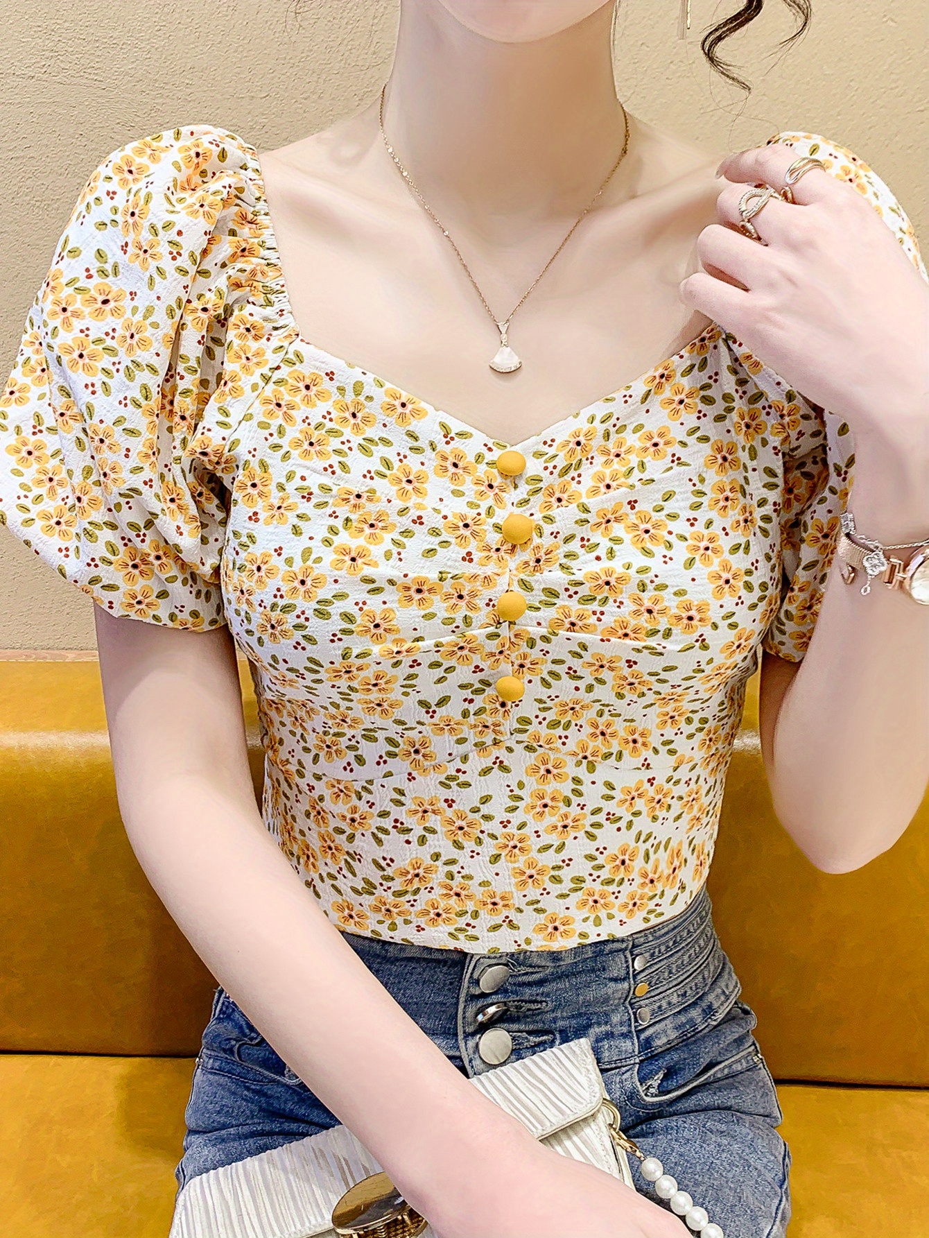 Floral Print Back Tie Button Blouse Cute Short Sleeve Crop - Temu