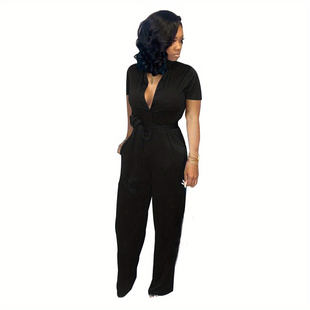 Solid Plunging Jumpsuit Casual Short Sleeve Tie Waist Long Temu