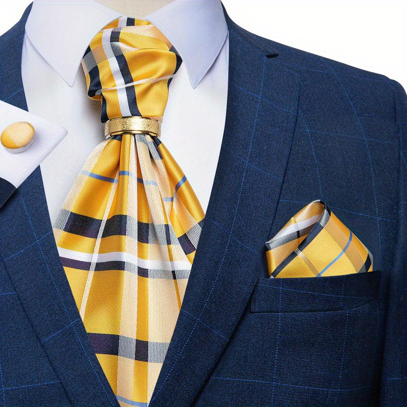 Mens Cravat Tie Ring Set Silk Paisley Yellow Ascot Tie Scarf Grey Check  Wedding