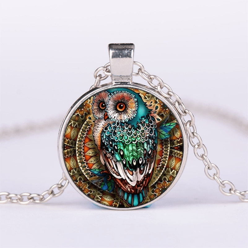 vintage owl cabochon tibetan silvery glass chain pendant necklace details 0