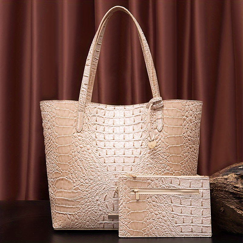 2Pcs Crocodile Pattern Tote Bag, Fashion Leather Shoulder Bag, Women's  Handbag With Clutch Purse