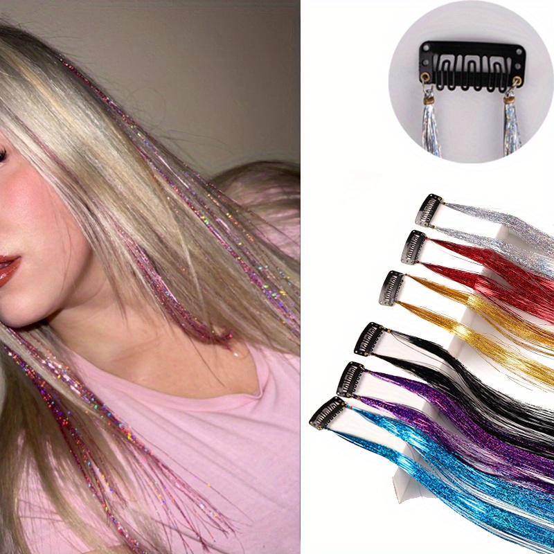 Tinsel Hair Extension with Tools 48 Inches 3200 Strands 16 Mixed Colors Hair Extension Tinsel Kit Glitter Hair Extensions, Human Hair Extensions