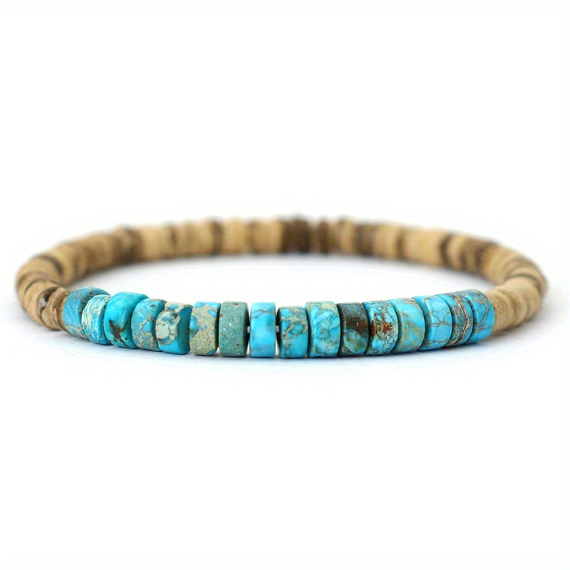 Image of 1pc Mens Wooden Beaded Hematite Turquoise Linked Bracelet, Vintage Colored Bracelet Jewelry