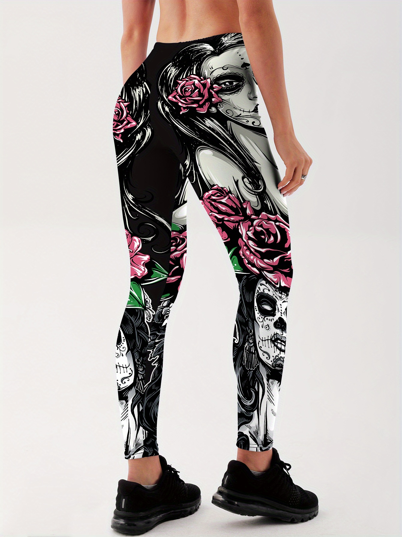 Fashion Black Flower Rose Print Yoga Pants Teen Leggings, Fashion Leggings