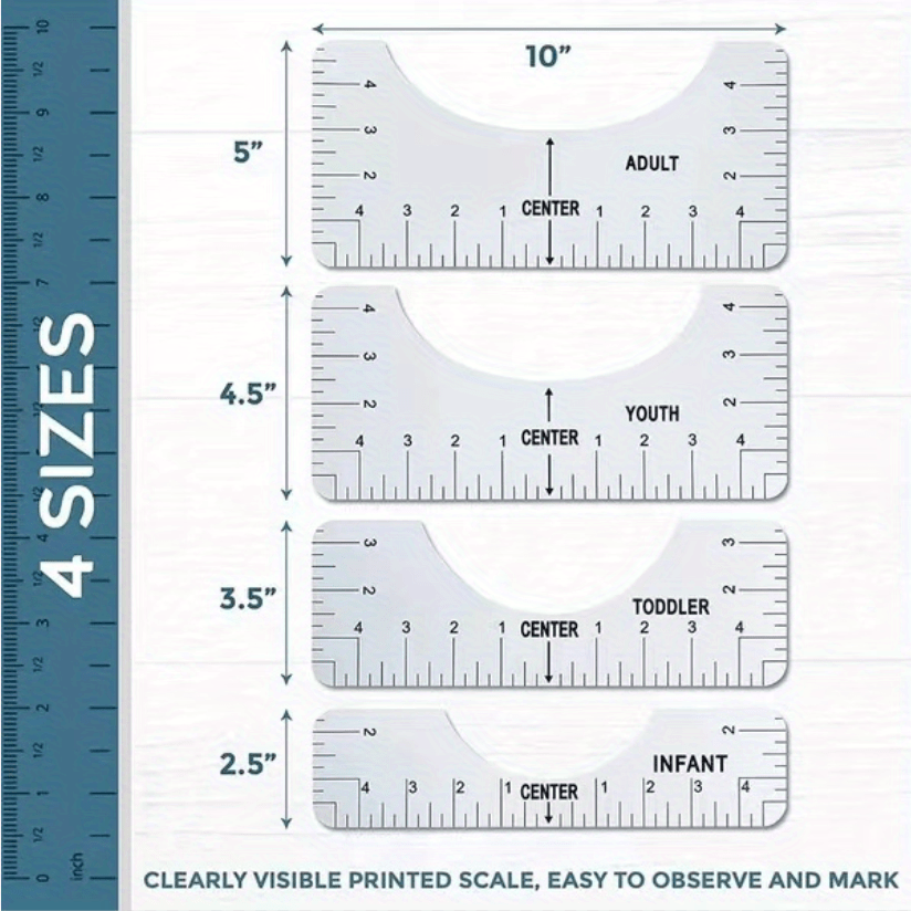 4pc Tshirt Ruler - Tshirt Ruler Guide for Vinyl Alignment - Tshirt Alignment  Tool - Tshirt Ruler Guide for Heat Press to Center Your Designs for Infant,  Toddler, Youth, and Adult Sizing