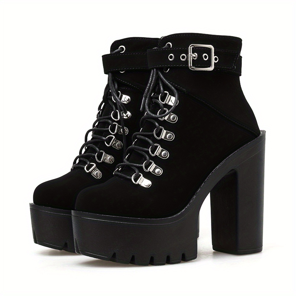 Image of Women's Platform Block High Heels Ankle Boots, Black Round Toe Lace Up Ankle Strap Pumps, Motorcycle Short Boots, Women Shoes Elegant Women Shoes Shoes