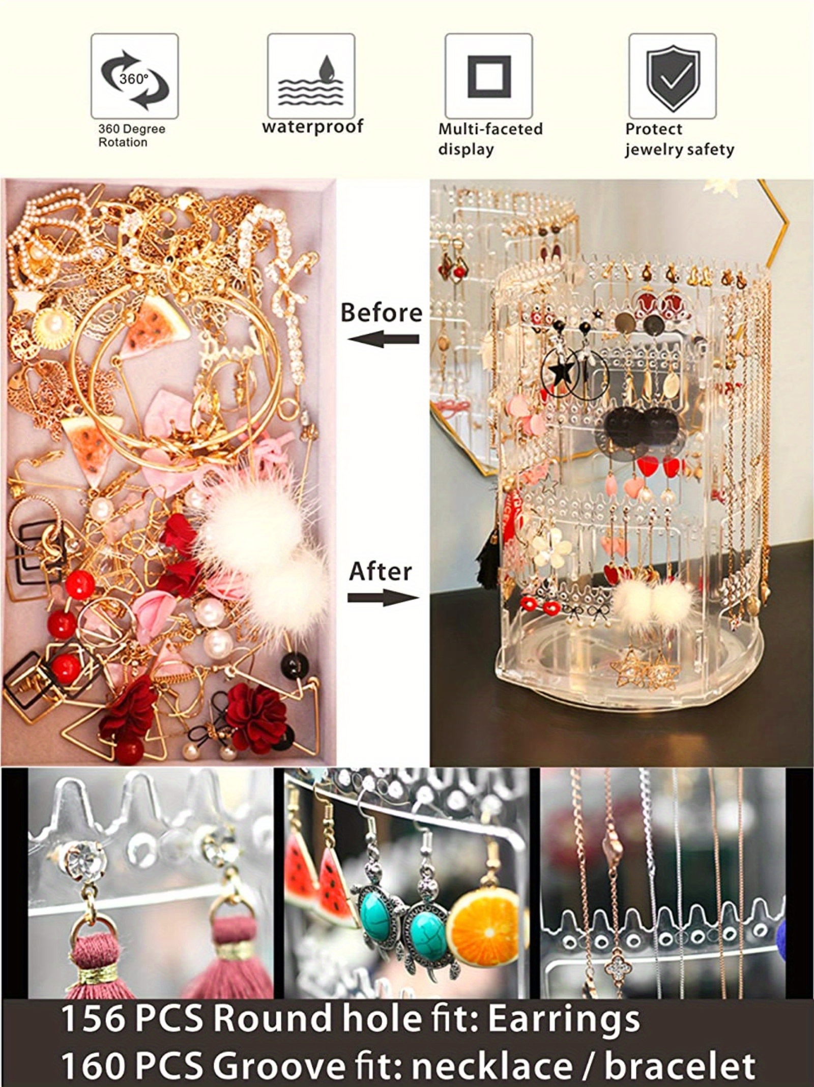 1pc 360 Rotating Jewelry Organizer, 4 Tiers Jewelry Rack Display Stand, 156  Holes And 160 Grooves For Necklaces Earrings Piercings, Clear Jewelry Hold