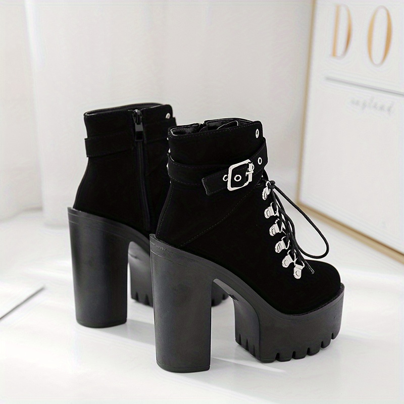 Women's Platform Block High Heels Ankle Boots Black Round - Temu Canada