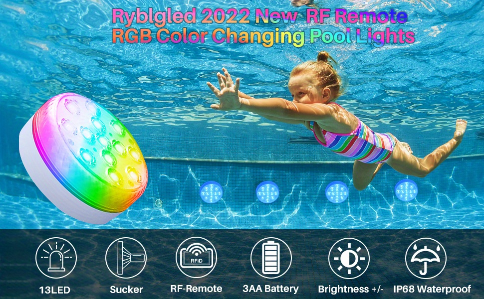 Accessoires de piscine Lumières LED submersibles avec RF à distance,  lumières de piscine étanches complètes pour piscine creusée avec aimants,  ventouses, changement de couleur Underwa