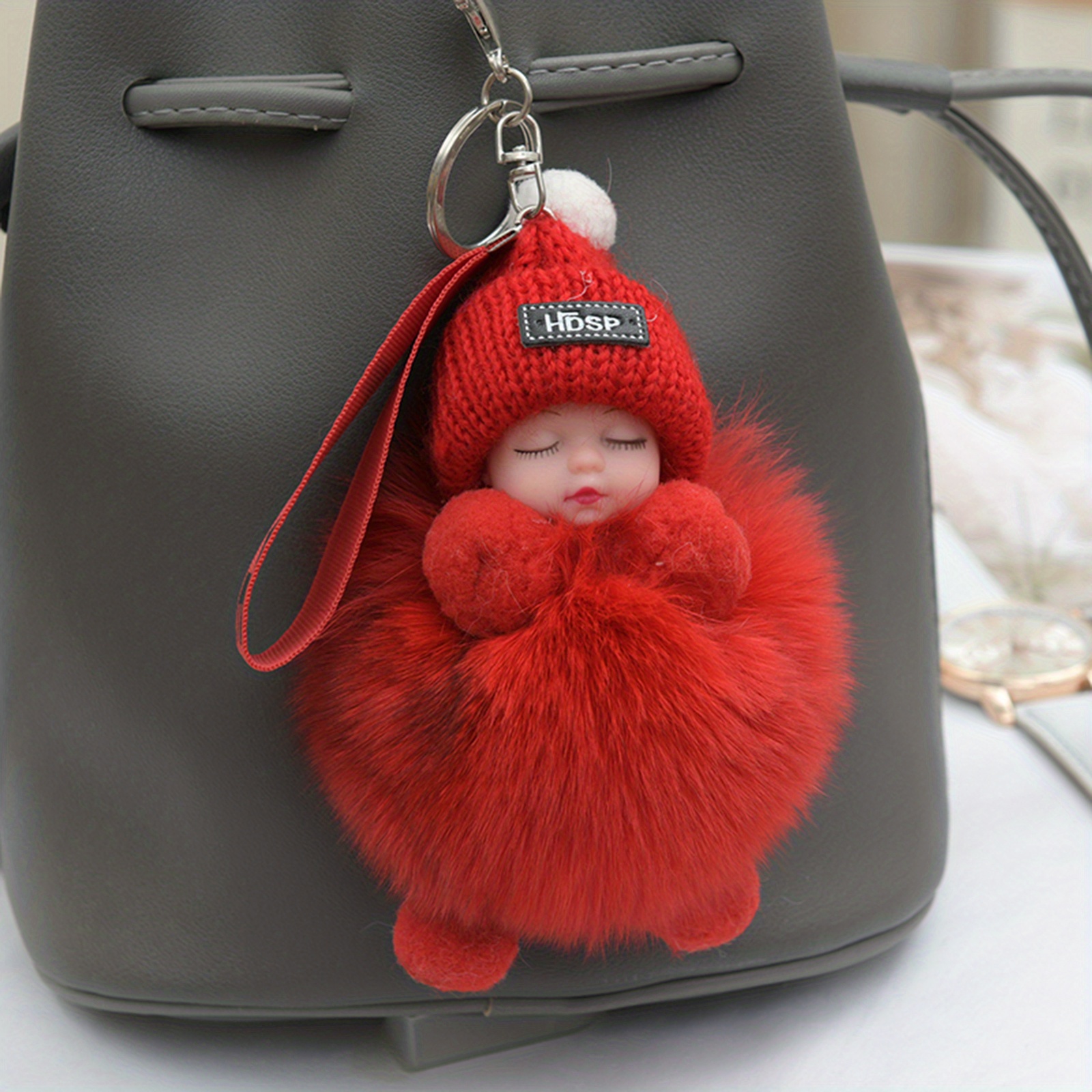 Adorable Sleeping Doll Fluffy Pom Pom Keychain Fur Ball Charm Keyrings Bags  Pendant - Temu