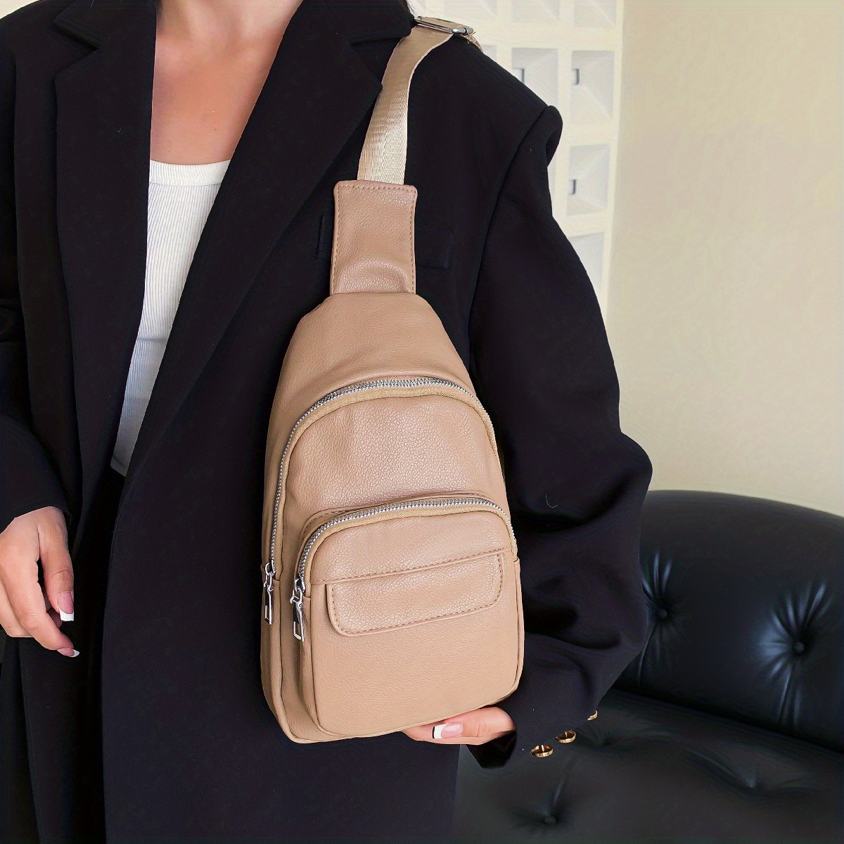 Plaid Pattern Sling Bag, Zipper Front Chest Purse, Pu Leather Crossbody Bag  For Women - Temu Australia