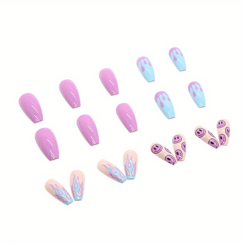 Purple Blue Fake Nails Flame Cute Faces Design Glossy - Temu