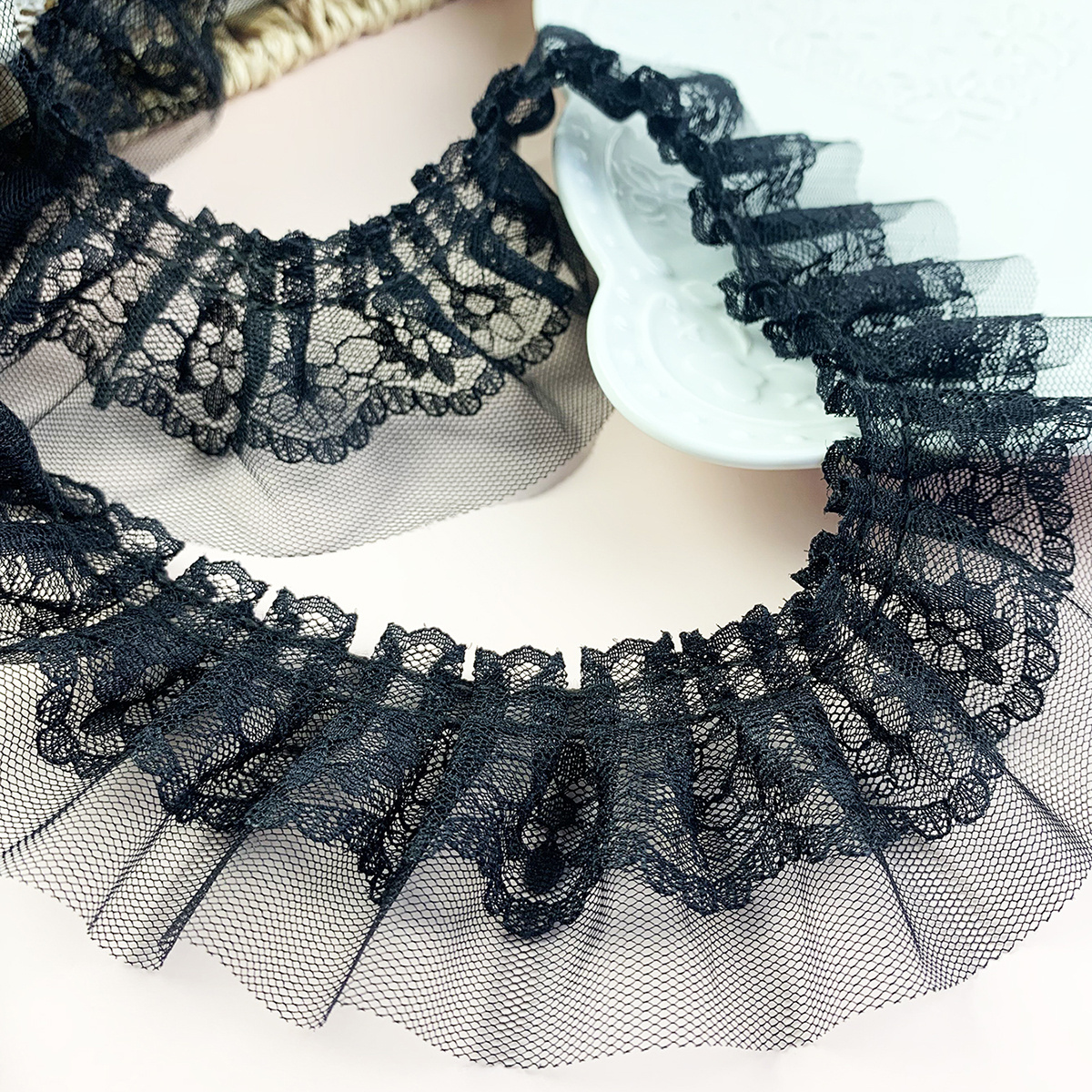 11 Yards Black Double-Layer Pleated Chiffon Lace Trim 2-Layer Gathered  Ruffle Trim Edging Tulle Trimmings Fabric Ribbon